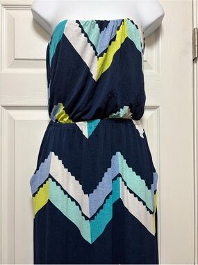 Navy Strapless Chevron Maxi Dress with Aqua and Lime Accents